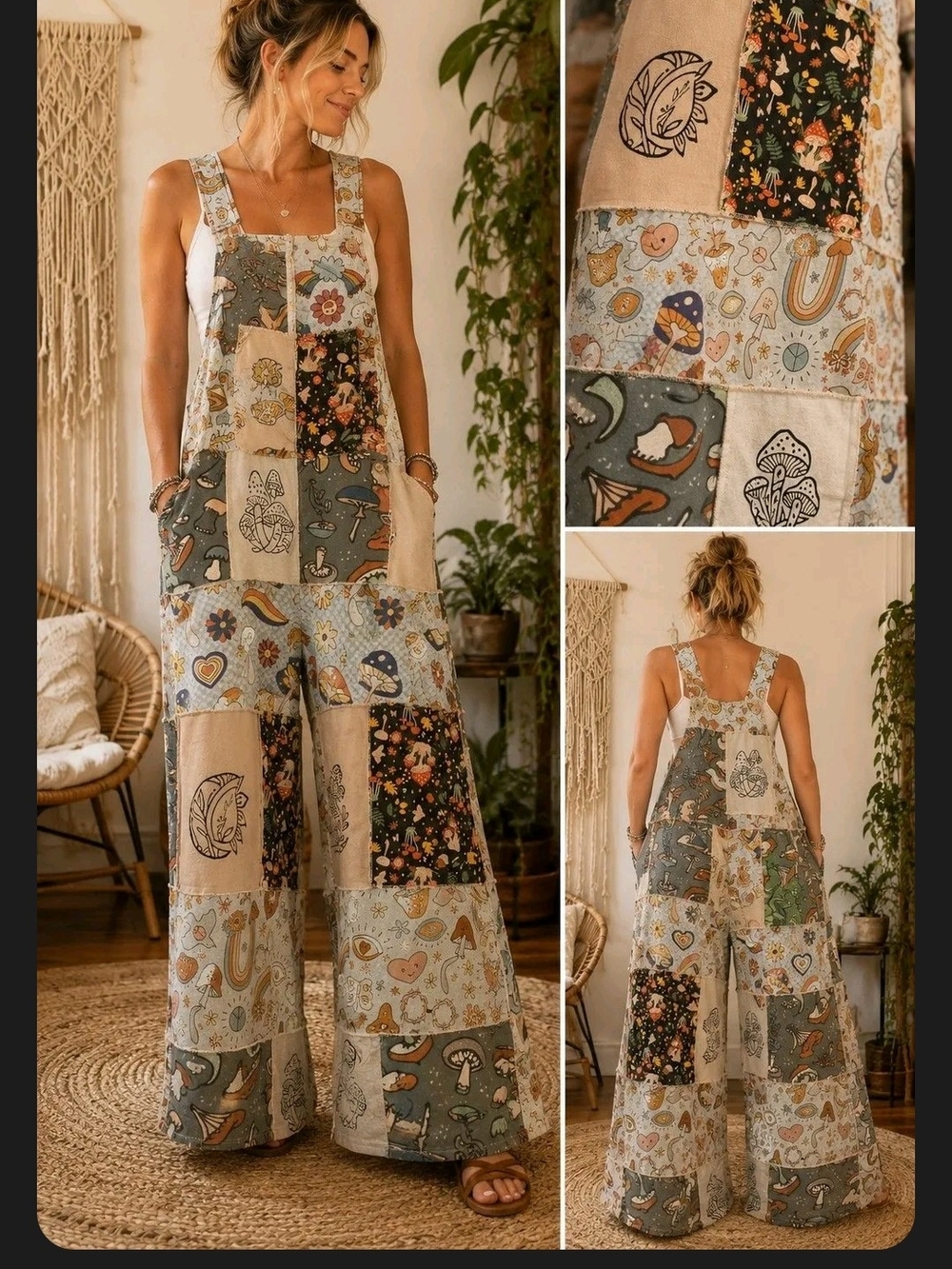 Patchwork Boho Wide-Leg Jumpsuit in Sage, Beige & Black